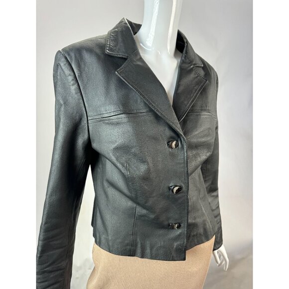 Vintage Black Leather Cropped Blazer Jacket With Unique Button Details - Picture 5 of 16